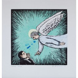 Original woodcut print with hand colored detail Knock it Off by contemporary artist Brian Kershisnik. An angel scolds a man and says to Knock it off against a turquoise background.