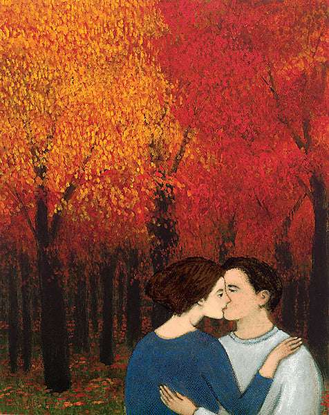 Giclee print of an original oil painting Lovers in the Fall by contemporary artist Brian Kershisnik. A couple kissing against the lush fall back drop of rich red orange and yellow leaves