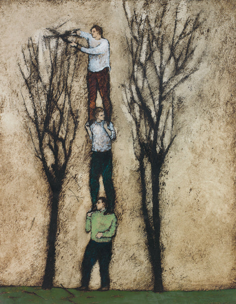 Giclee pigment print of an original oil painting Pruners by contemporary artist Brian Kershisnik. Three men one on top of each others shoulders with top one pruning a bare tree against a light brown background.