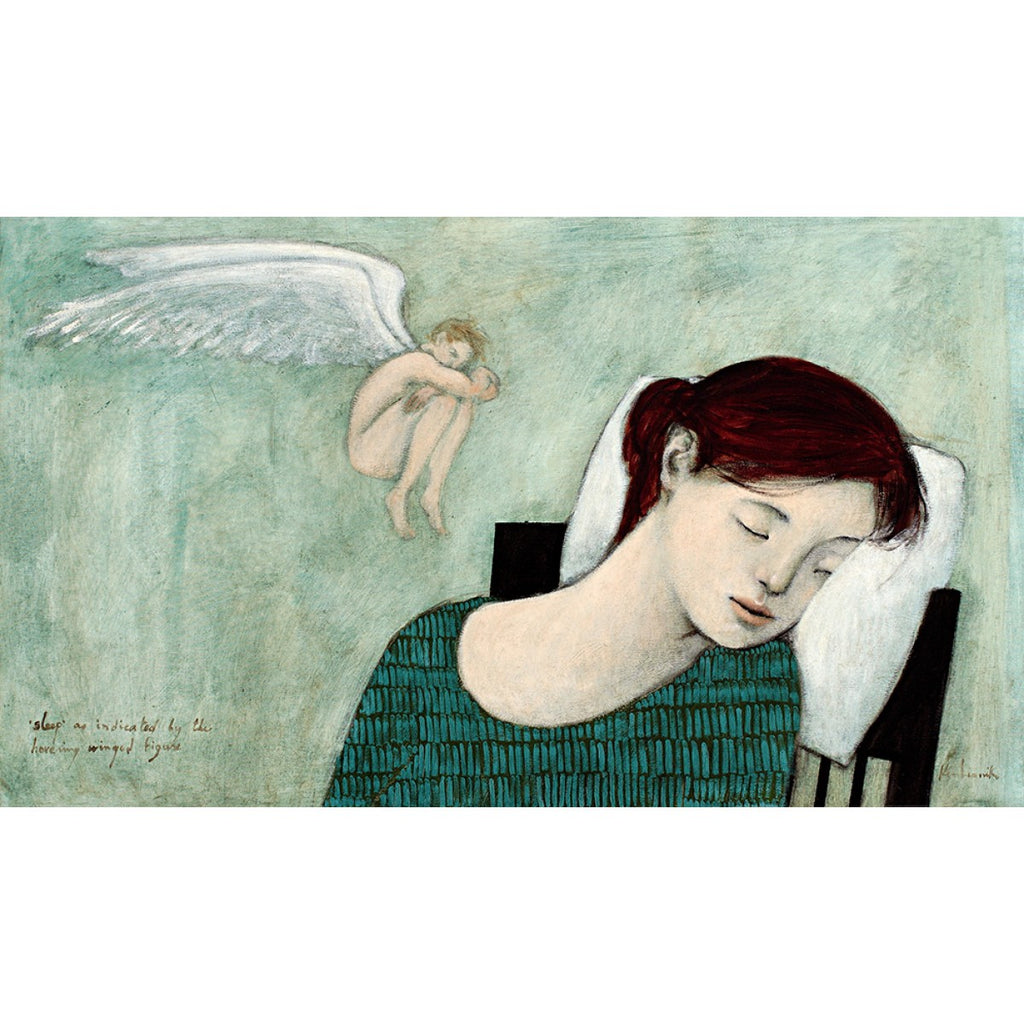Giclee print of an original oil painting Sleep by contemporary artist Brian Kershisnik.A brunette young lady in a green and black triangle patterned dress sleeps with a pillow behind her head and a sleeping winged fairy hovers by her against a turquoise green background. 