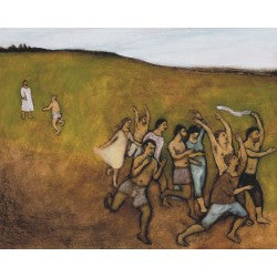 Giclee pigment print of an original oil painting Ten Lepers Healed by contemporary artist Brian Kershisnik.  Jesus heals ten lepers with one returning thanks on a green hillside.