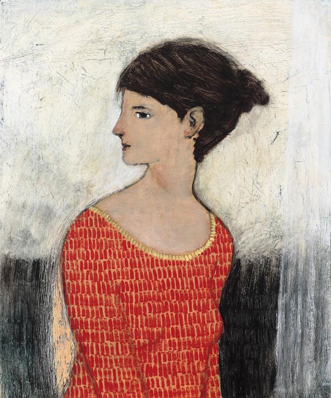 Thin Curtain by contemporary figurative artist Brian Kershisnik. A dark haired woman in an orange/red dress with a yellow trim against a white thin curtain and black wall.