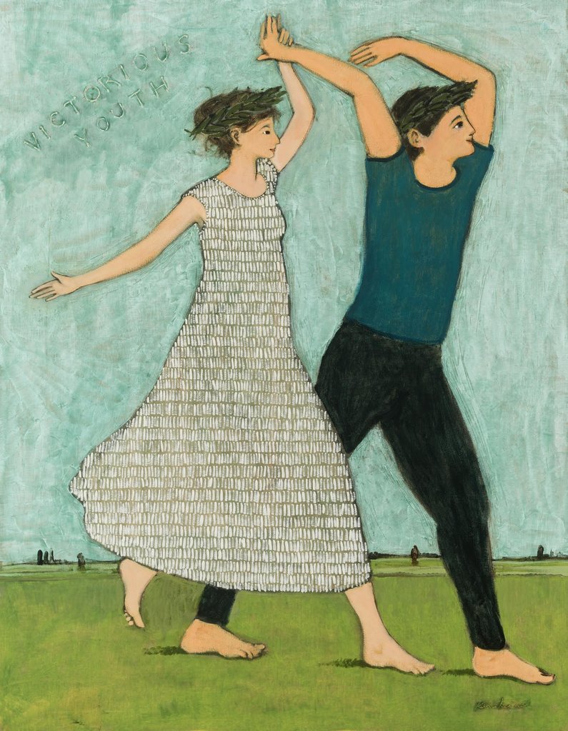 Victorious Youth poster by contemporary artist Brian Kershisnik.  A young woman and young man joyfully walk on spring green grass against a turquoise  sky. She is in a gray/white patterned dress and he in black pant and dark turquoise shirt.