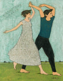 Victorious Youth poster by contemporary artist Brian Kershisnik.  A young woman and young man joyfully walk on spring green grass against a turquoise  sky. She is in a gray/white patterned dress and he in black pant and dark turquoise shirt.