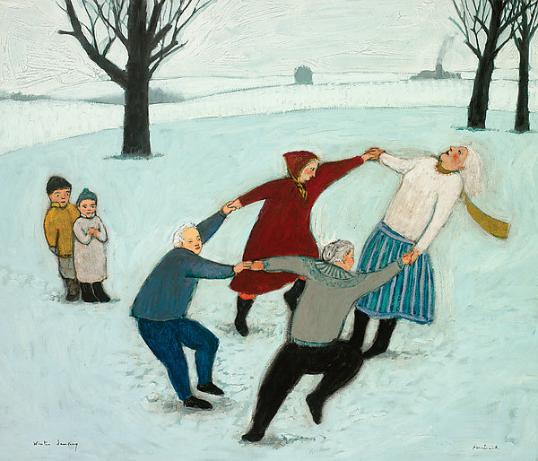 Giclee pigment print of an original oil painting Winter Dancing by contemporary artist Brian Kershisnik.Four bundled for the cold people hold hands and dance gleefully on the snow while two small children watch. Turquoise, red, black and gray clothing against a turquoise snowscape with black barren trees.