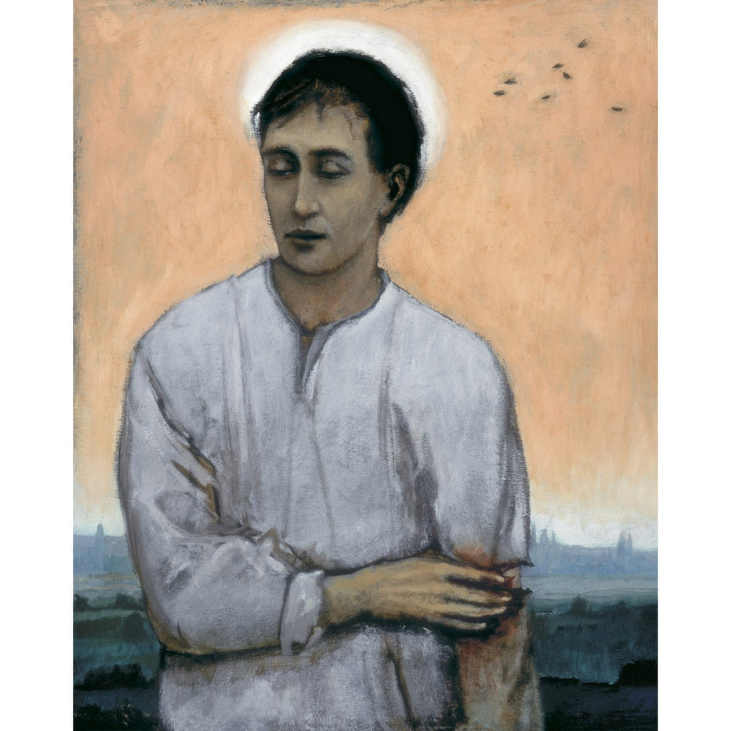 Giclee print of an original oil painting Wounded Saint by contemporary artist Brian Kershisnik. A dark haired young man with halo holds his wounded bloodied arm. He is in a white shirt with a background of an orange sky with black birds and a landscape of mountains and green land.